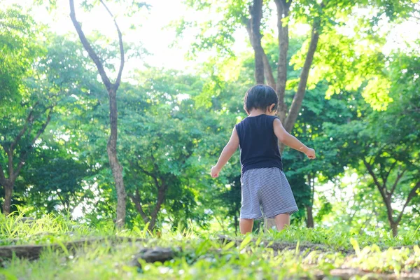 年轻的亚洲男孩在绿色自然公园的肖像 童年的日出 — 图库照片