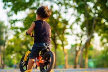 Küçük çocuk, şehir meydanındaki ağaç parkında bisiklet sürüyor.