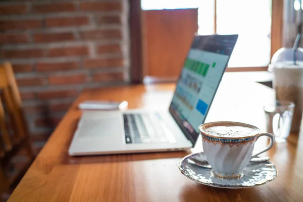 Hot Coffee Laptop Computer Mobile Phone Wooden Table Wood Cafe — Stock Photo, Image