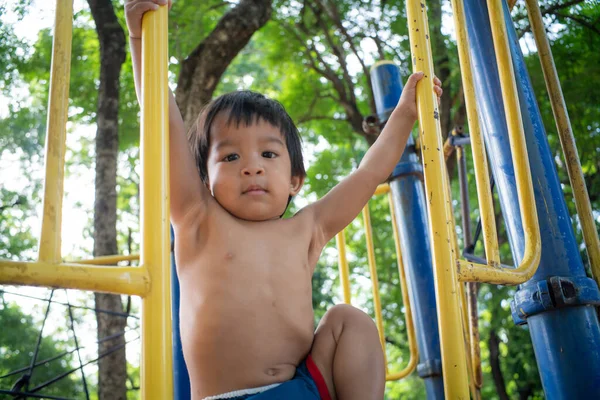 Little Boy Playing Playground Park Enjoying Slider Outdoor Recreation — Stockfoto