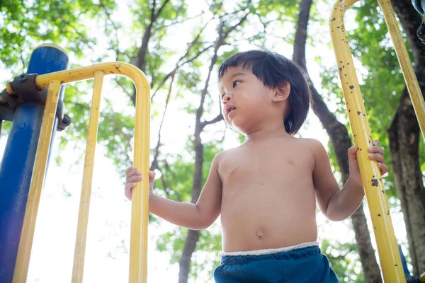 Oyun Parkında Oynayan Küçük Çocuk Kayganlaştırıcı Açık Havada Eğleniyor — Stok fotoğraf