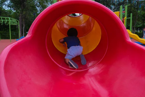 Little Boy Playing Playground Park Enjoying Slider Outdoor Recreation — Stockfoto