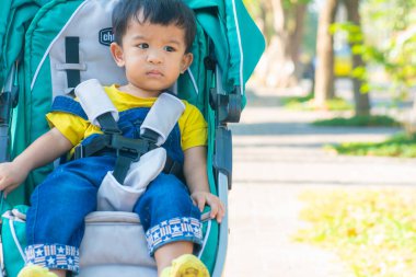 Bebek arabasında oturan küçük çocuk şehir parkında sabah güneşinde seyahat ediyor.