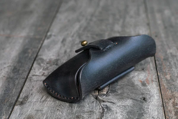 Genuine Black Cow Leather Glasses Case Wood Handmade Crafts Working — Stock Photo, Image