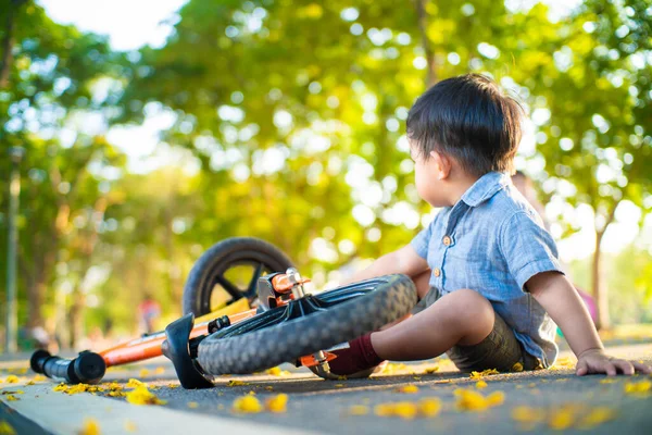 Little Asian Boy Playing Balance Bike City Park Outdoor Activity Stock Picture