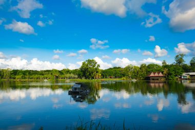 Yeşil ağaçlı çayır havuzu mavi gökyüzüne karşı bulutlu doğa manzarası