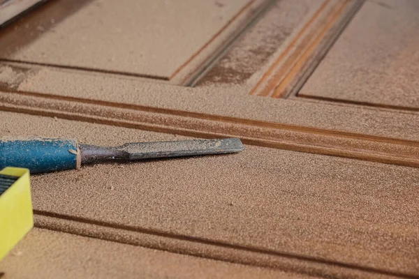 Teak Door Wood Working Tool Prepare Set New House Carpenter — Stock Photo, Image