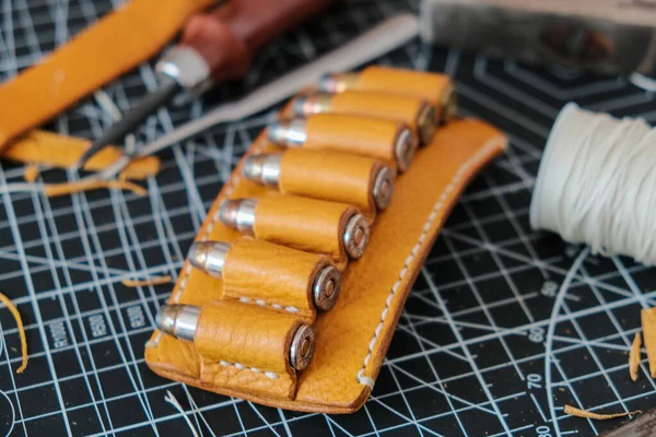 Yellow Leather Bullet Ammo Hold Belt Leather Crafts Working — Stock fotografie
