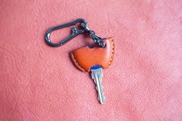 Genuine Keychain Leather Crafts Working Red Leather Background Handmade — 스톡 사진