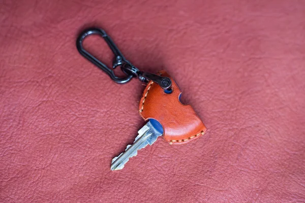 Genuine Keychain Leather Crafts Working Red Leather Background Handmade — Stok fotoğraf