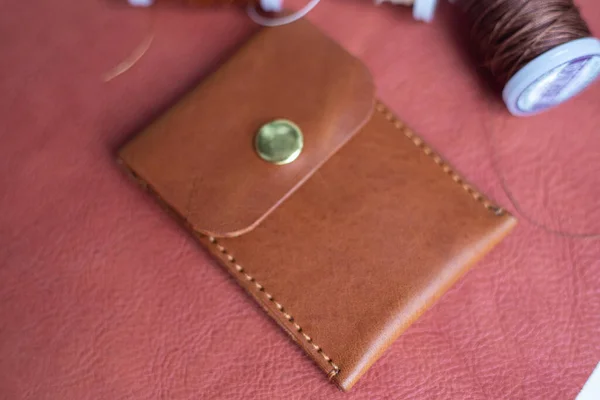 Handmade Brown Leather Card Holder Craft Working Leather Background — Foto de Stock