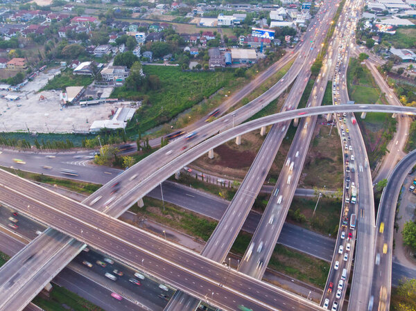 Top aerial view highway interchange of a city building, Expressway with infrastructure.