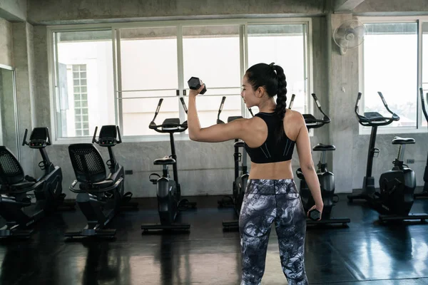 Güzel, zeki Asyalı kadınlar spor salonu kas geliştirmede dambıl egzersizi yapıyor.