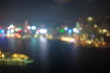 Hong Kong şehir gece görüşü Bokeh, Kowloon bölgesi ile soyut bulanıklaştı