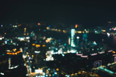 Hong Kong şehir gece görüşü Bokeh, Kowloon bölgesi ile soyut bulanıklaştı