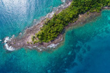 Exotic sea beach island turquoise water with tropical green tree forest aerial view