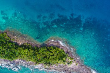 Exotic sea beach island turquoise water with tropical green tree forest aerial view