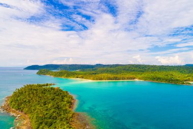 Exotic sea beach island turquoise water with tropical green tree forest aerial view