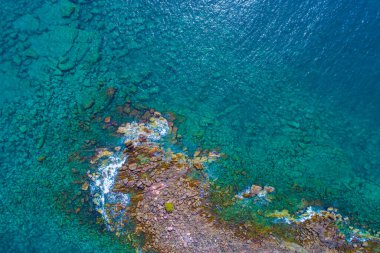 Exotic sea beach island turquoise water with tropical green tree forest aerial view