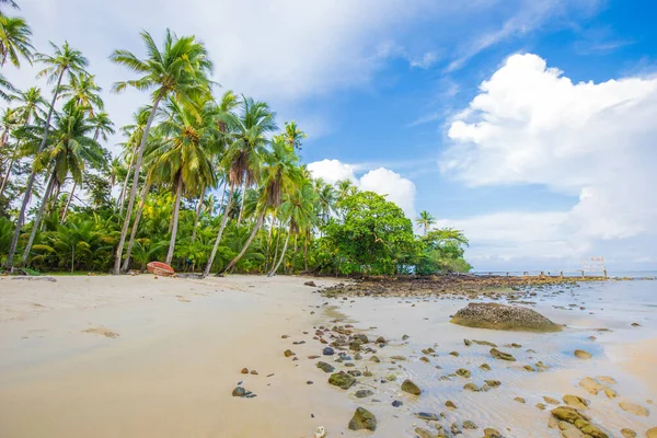 Yaz denizi kumsalı beyaz kum bulutlu mavi gökyüzüne karşı doğa manzarası