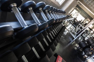 Dumbbell row on shelf in sport gym fitness equipment