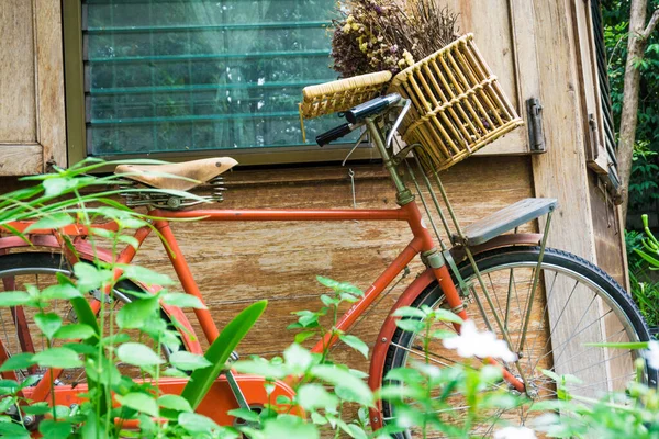 バスケットのドライフラワーと古い金庫のヴィンテージ赤い自転車公園 古いオブジェクト — ストック写真