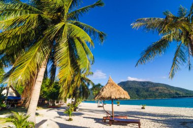 Tahta plaj sandalyeleri ve beyaz kumsalda kuru bitki şemsiyesi.