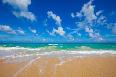 Deniz kıyısı dalgası mavi gökyüzü güneşli arka plan yaz tatili sahnesi