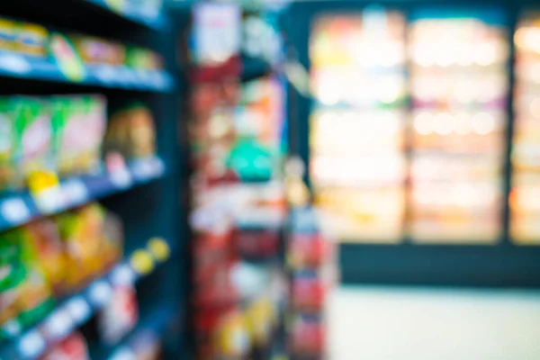 Blurred supermarket food on shelf aisle with bokeh business background