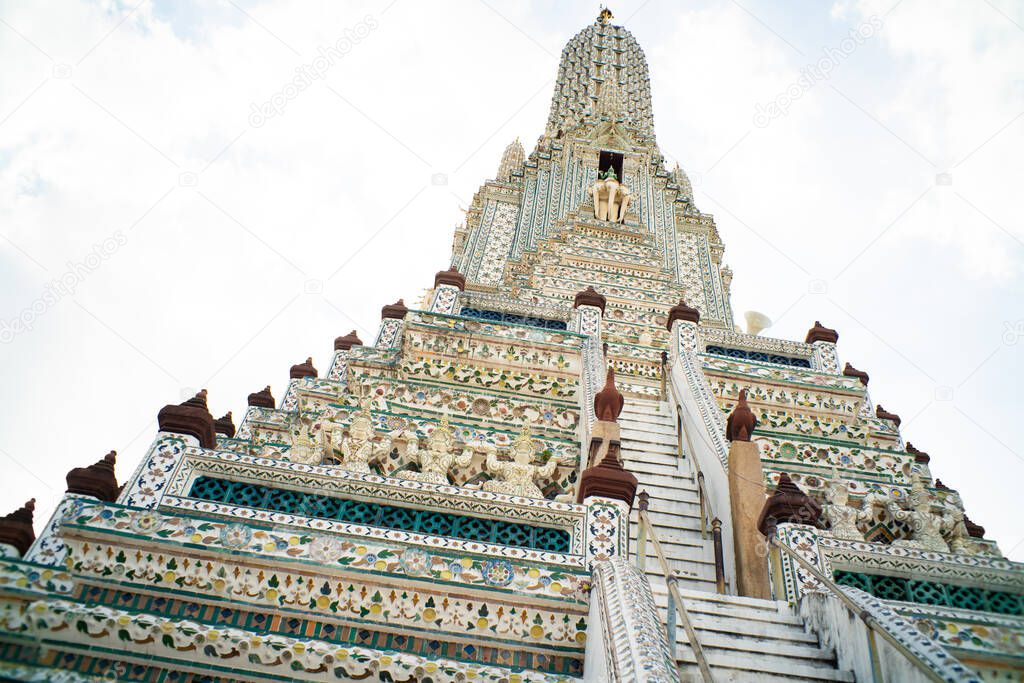 The pagoda of Arun Temple colorful historical porcelain Pagoda of Wat Arun Temple of Dawn, Bangkok, Thailand