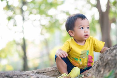 Funny baby toddler asian boy playing in city park under tree sunset light freedom education