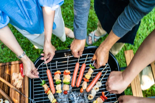 People Hand Grill Bbq Food Party Home Garden Happy Friendship — Stock Fotó