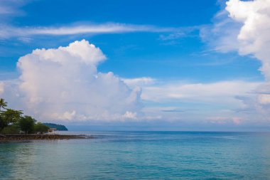 Ada sahili hindistan cevizi palmiyesi, yaz tatilinin bulutlu manzaralı mavi gökyüzüne karşı.
