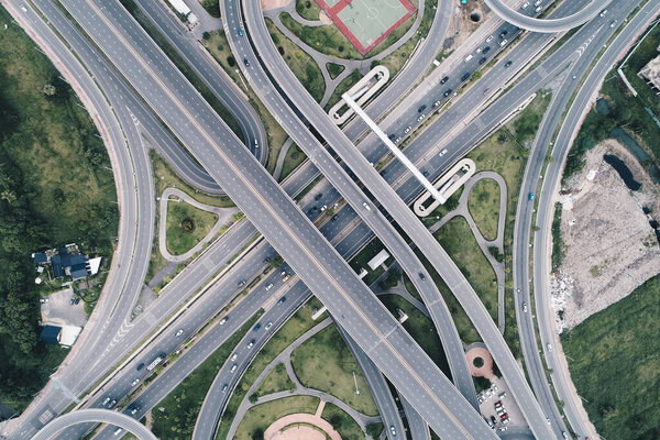 Aerial view city junction transport road with vehicle traffic junction road