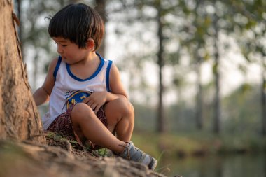 Asian boy sitting under tree sunset time lookimg to the river summer recreation outdoor activity