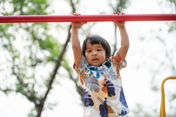 Little Asian Boy Playing Colorful Playground Outdoor Public Park Child — Stock fotografie