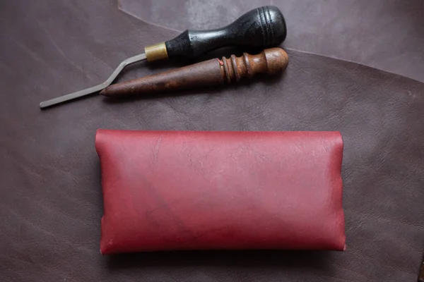 Leather Glasses Case Hand Made Craftmanship Tool Leather Background — Foto de Stock