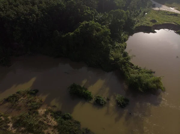 Aerial View Tropical Rain Forest Canal River Morning Sunrise Fog — Stock fotografie