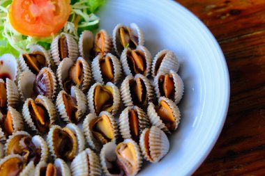 Boiled ark shell seafood serve in Thailand restaurant close up