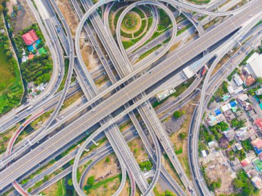 Intersection overpass transport road sunny day in city aerial view