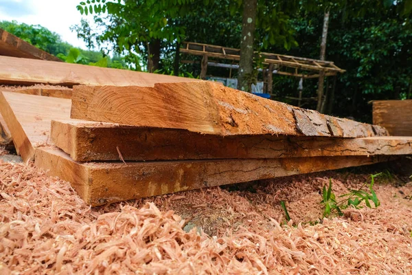 Wood cut in forest lumber industry stack on ground