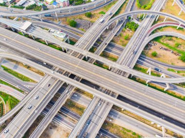 Intersection overpass transport road sunny day in city aerial view