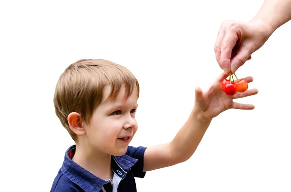 Boy takes cherries isolated on white — Stock Photo, Image