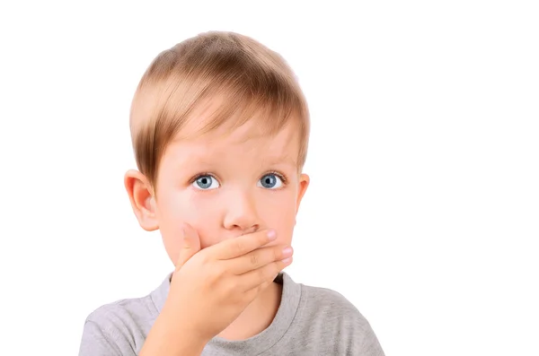 Niño 5 años cerrado por la boca de la mano —  Fotos de Stock