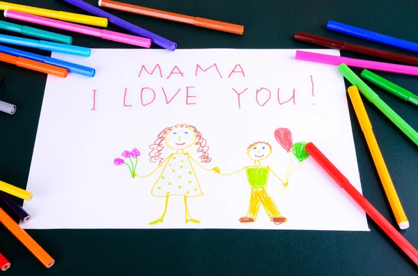 Child's drawing Mama, I love you closeup — Stock Photo, Image