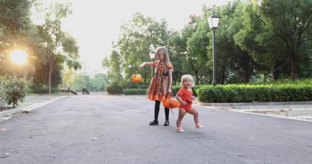 Aranyos kis kaukázusi gyerekek szőke hajjal, hétéves boszi jelmezben, kalapban és babával, akik Halloween-t ünnepelnek az utcán. Ünnepi ötlet. Lassú mozgás.. — Stock videók