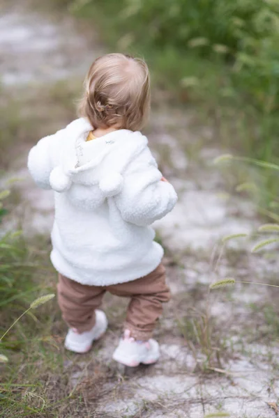 Retrato de bonito pequena menina caucasiana um ano de idade dá os primeiros passos e aprende a andar no parque no outono. Criança elegante com cabelo loiro e olhos azuis vestindo roupas elegantes. Feliz. — Fotografia de Stock