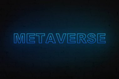Koyu tuğlalı arka planda Neon kelimesi Metaverse. Mavi renkli modern asgari konsept. Gelecekteki teknolojiler.