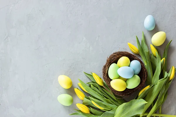 Latar belakang bergaya dengan telur Paskah berwarna-warni diisolasi di latar belakang beton abu-abu dengan bunga tulip kuning. Rata lay, top view, mockup, overhead, template Stok Gambar