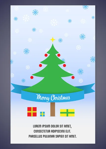 Plantilla de tarjeta de Navidad con copos de nieve, regalos y árbol de Navidad Ilustración De Stock